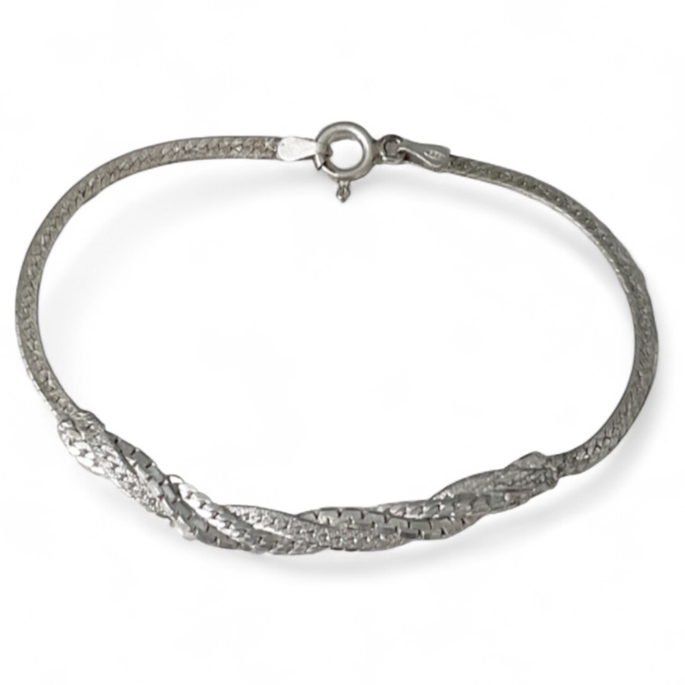 Vintage 926 sterling silver flat herringbone twist pattern chain bracelet 7”
